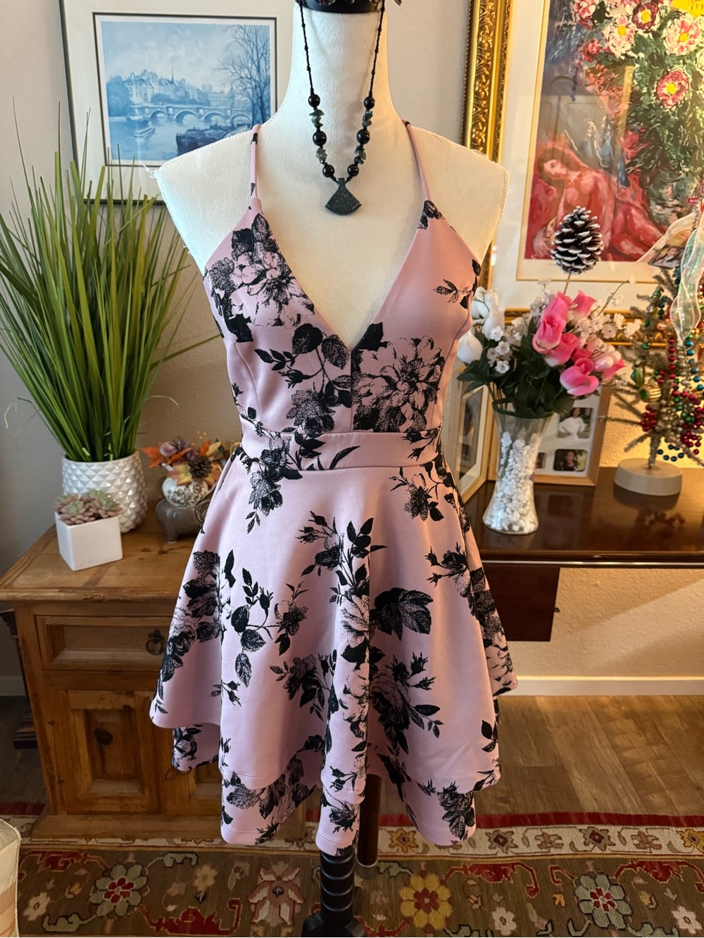 Windsor Pink Floral V-Neck Halter Skater Dress